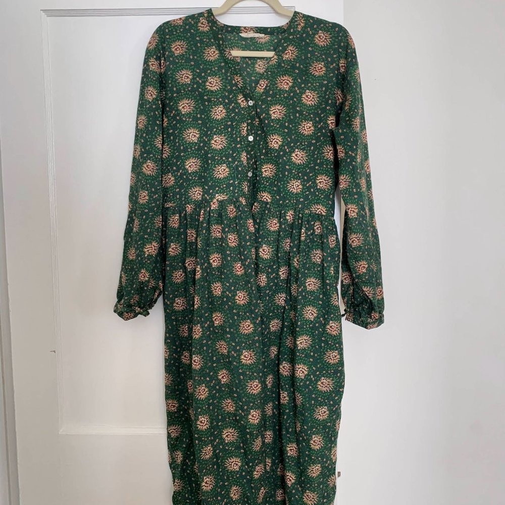 Green "Heart Flower" Printed Button Down Midi Dress, Made in India